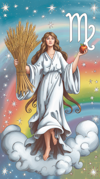 A serene Virgo figure in a flowing robe holds wheat and an apple against a vibrant rainbow background, embodying astrological themes in this enchanting phone wallpaper.