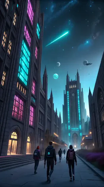 A vibrant college scene depicting students walking toward an illuminated tower under a starry sky, featuring colorful buildings and celestial elements, designed as a phone wallpaper.