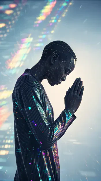 A silhouette of a person in a stylish, shimmering outfit, with hands in prayer, set against a digital background. This phone wallpaper captures a moment of reflection and serenity.