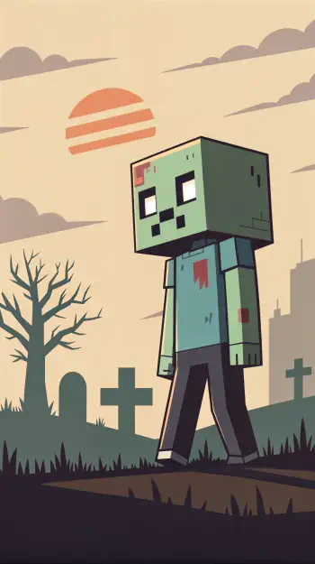 A Minecraft zombie walks through a graveyard at sunset, surrounded by bare trees and tombstones, creating a spooky yet playful atmosphere for a phone wallpaper.