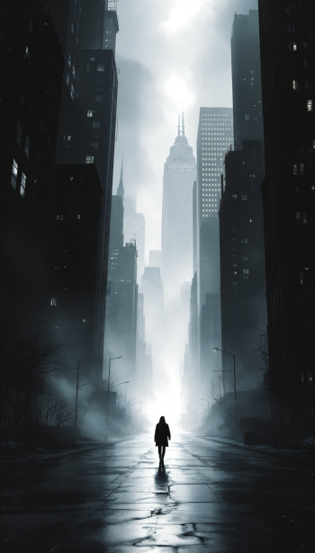 A silver-toned phone wallpaper depicting a solitary figure walking down a misty urban street, with towering skyscrapers fading into the fog.