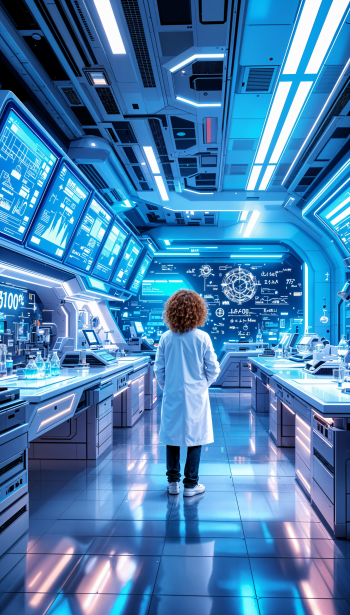A scientist in a lab coat stands in a futuristic laboratory, surrounded by glowing screens and scientific equipment, creating an inspiring science-themed phone wallpaper.
