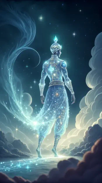 A mystical genie adorned in shimmering cosmic elements stands against a starry sky, creating an enchanting phone wallpaper that captivates the imagination.