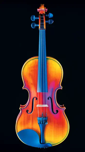 A vibrant and colorful violin against a dark background, showcasing its intricate craftsmanship. Ideal as a phone wallpaper for music lovers.