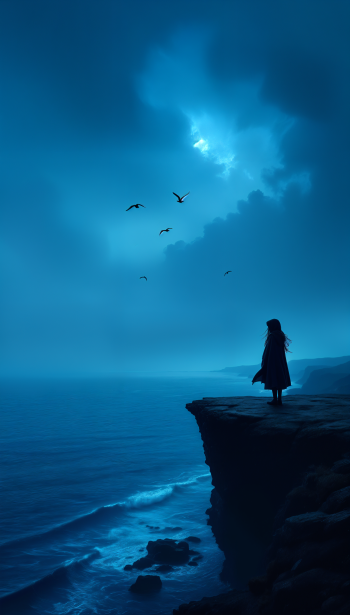 A solitary figure stands on a cliff by the ocean, gazing into a moody, blue-hued sky filled with clouds and birds. This serene scene captures a sense of loneliness, ideal for phone wallpaper.