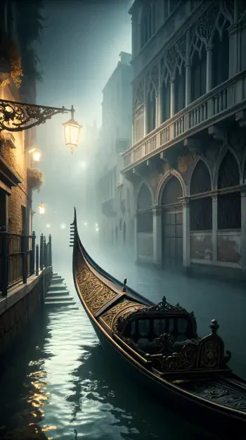 A serene phone wallpaper featuring a beautifully crafted gondola gliding through a misty canal, illuminated by vintage lamps and surrounded by historic architecture.