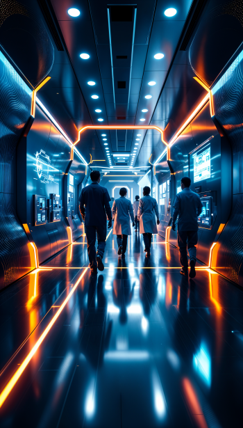 A futuristic medical hallway illuminated with orange lights, featuring healthcare professionals walking together, creating a sleek and modern phone wallpaper.