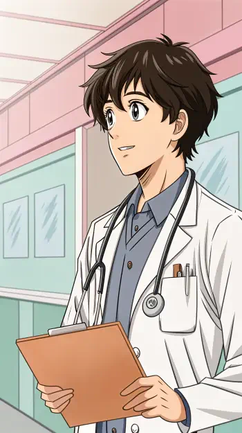 An animated doctor stands in a colorful hospital hallway, holding a clipboard and wearing a white coat, exuding a friendly and professional demeanor. Perfect as a phone wallpaper.