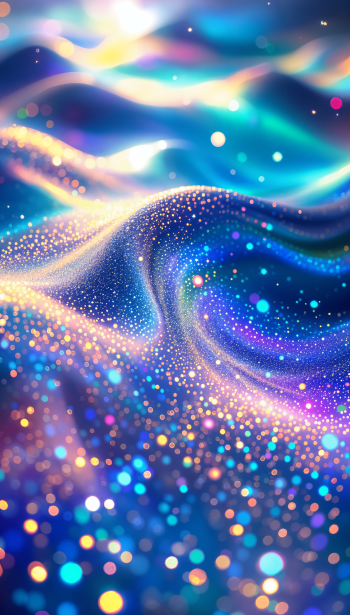 A vibrant phone wallpaper featuring flowing waveforms illuminated by shimmering dots of color, creating a dynamic and mesmerizing visual effect.