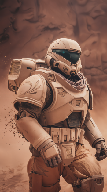 A Space Marine in detailed armor strides confidently through a dusty, otherworldly landscape, making a striking phone wallpaper.