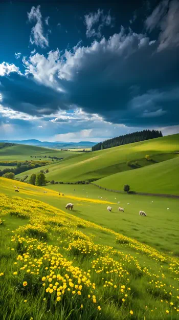 A vibrant pasture filled with blooming yellow flowers and grazing sheep under a dramatic sky. This serene landscape makes an inviting phone wallpaper.