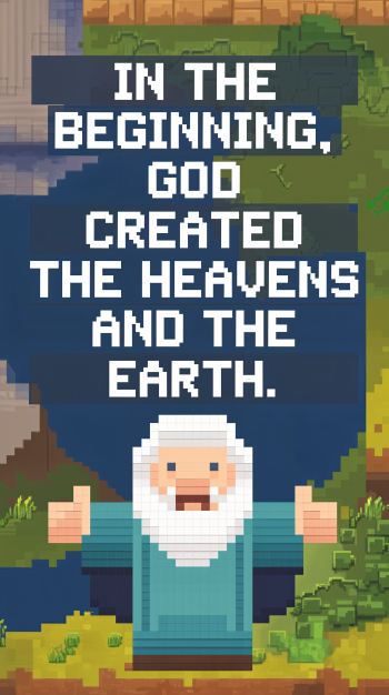 A pixel art phone wallpaper featuring the text, In the beginning, God created the heavens and the earth, alongside a character with a white beard and blue robes.