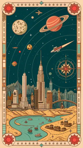 A vibrant phone wallpaper featuring a futuristic cityscape with tall skyscrapers, planets, and starry skies, complemented by a winding river and quaint buildings along the shore.