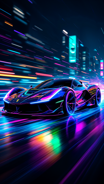 A sleek Ferrari races through a vibrant, neon-lit cityscape, capturing the thrill of speed and modernity against a dynamic backdrop, perfect as a phone wallpaper.