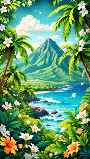 A vibrant phone wallpaper depicting a tropical Hawaiian landscape, featuring lush green palm trees, colorful flowers, a serene beach, and majestic mountains in the background.