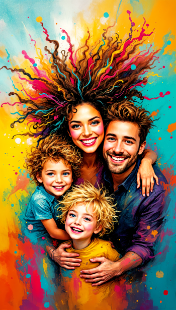 A vibrant and colorful phone wallpaper featuring a happy family of four, smiling together against a background of swirling colors, celebrating joy and togetherness.