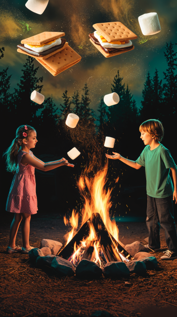 A vibrant phone wallpaper depicting two children joyfully preparing s'mores by a campfire, with marshmallows and graham crackers floating above in a magical nighttime setting.