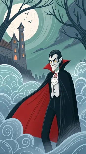 A stylized Dracula stands menacingly in mist, wearing a classic black cape with a red interior, against a moonlit backdrop featuring a haunted castle and bare trees. Perfect phone wallpaper choice.