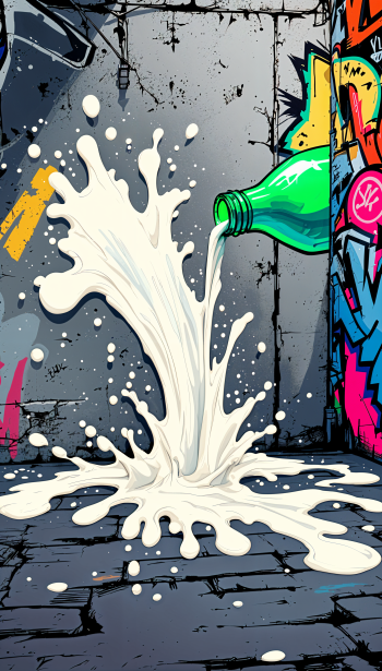 A vibrant phone wallpaper depicting a green bottle pouring milk onto a graffiti-covered wall, creating an artistic splash against a textured background.