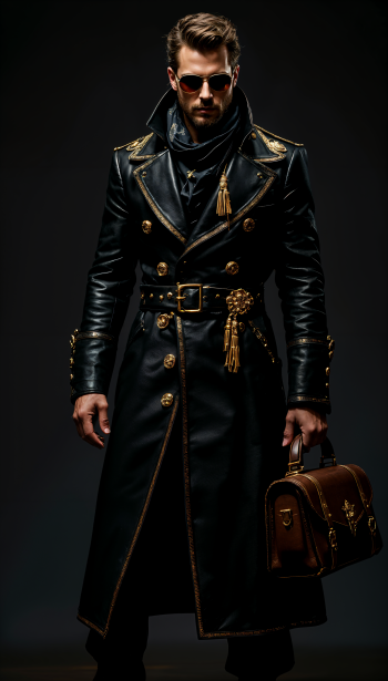 A stylish smuggler stands confidently in a dramatic black coat with gold detailing, sunglasses on, holding a vintage briefcase, set against a dark backdrop. Perfect as a phone wallpaper.