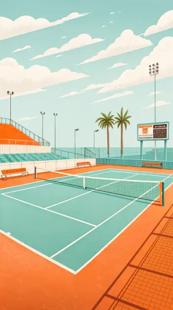A vibrant tennis court scene with palm trees and a blue sky, designed as a phone wallpaper, showcasing a serene atmosphere ideal for tennis enthusiasts.
