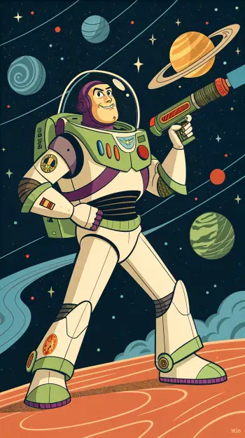 A vibrant phone wallpaper featuring Buzz Lightyear, standing confidently in space with planets and stars, holding his iconic laser gun.