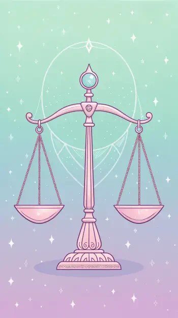 A whimsical phone wallpaper featuring a pink scale representing Libra in astrology, set against a soft gradient background with sparkles and geometric elements.
