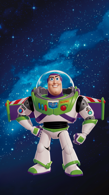 Buzz Lightyear stands confidently in his space suit against a starry backdrop, making this an engaging phone wallpaper for fans of the iconic character.