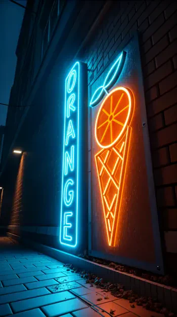 A vibrant neon light setting featuring an illuminated ORANGE sign alongside an orange ice cream cone, perfect for use as a phone wallpaper.
