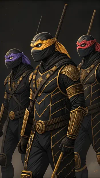 Wallpaper featuring the Teenage Mutant Ninja Turtles in their distinctive black and gold gear, showcasing their iconic masks and weapons against a dark background.