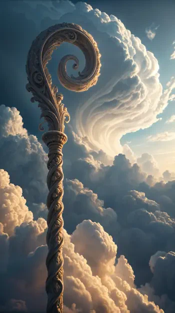 A beautifully detailed staff rises through swirling clouds, set against a dramatic sky. This captivating image serves as an inspiring phone wallpaper.