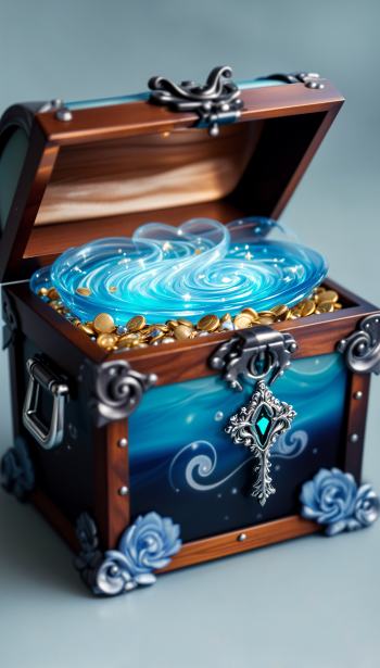 A beautifully designed treasure chest overflowing with gold coins and a mesmerizing blue swirl inside, perfect as a vibrant phone wallpaper.