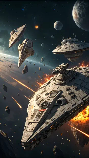 A dynamic spaceship battle scene featuring multiple spacecraft engaged in combat amidst asteroids and planets, perfect for a striking phone wallpaper.