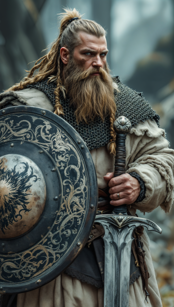 A fierce Viking warrior stands ready with a shield and sword, showcasing his long beard and braided hair. The dramatic backdrop enhances this striking phone wallpaper.