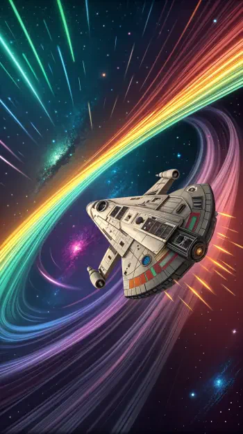 A vibrant phone wallpaper featuring a spaceship in warp speed, surrounded by colorful streaks of light and cosmic elements, set against a deep space backdrop.