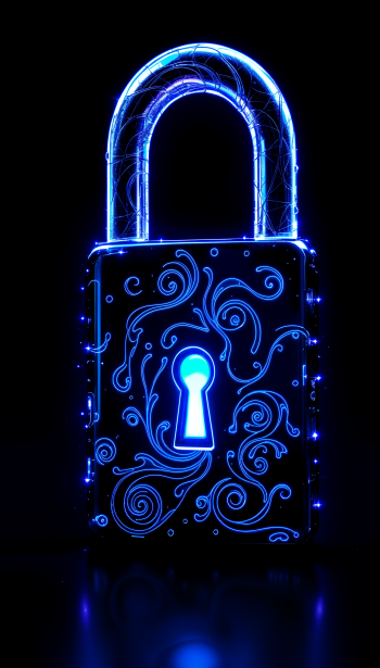 A glowing blue padlock with intricate designs sits against a dark background, creating a striking and secure phone wallpaper.
