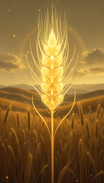 A golden oat plant stands tall against a warm, glowing background of rolling hills, making for an inspiring phone wallpaper.