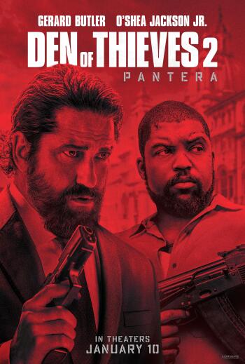 A dynamic phone wallpaper featuring Gerard Butler and O'Shea Jackson Jr. from the action film Den of Thieves 2: Pantera, set against a striking red backdrop.
