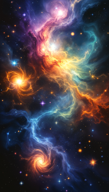 A vibrant cosmic scene featuring swirling galaxies and colorful nebulae, set against a star-filled background, perfect for a captivating phone wallpaper.