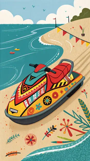 A vibrant illustration of a jet ski on a sandy beach, surrounded by stylized waves and colorful decorations, perfect for a phone wallpaper.