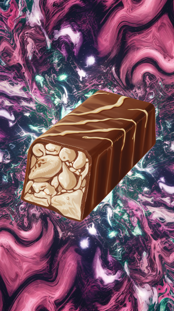 A vibrant phone wallpaper featuring a candy bar, showcasing a chocolate exterior and a textured interior against a swirling pink and purple background.