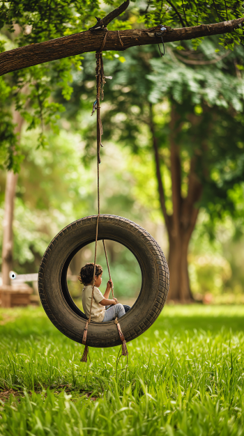 A child sits on a tire swing hanging from a tree, surrounded by lush greenery, creating a playful and serene atmosphere, perfect for a phone wallpaper.