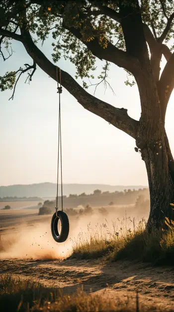 A serene sunset scene featuring a tire swing hanging from a tree, surrounded by dust and gentle hills, perfect for a calming phone wallpaper.