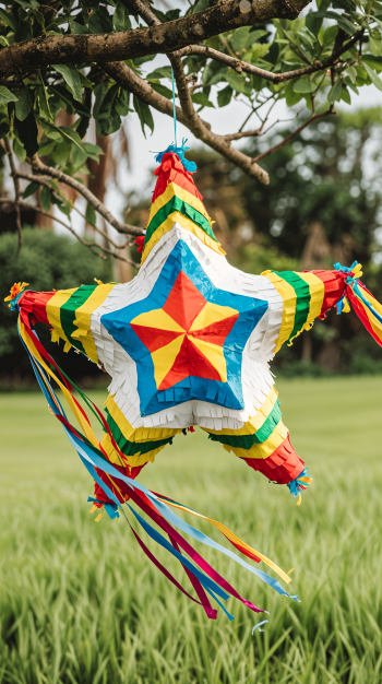 A colorful star-shaped piñata hangs from a tree branch, surrounded by lush green grass, creating a vibrant and festive phone wallpaper.