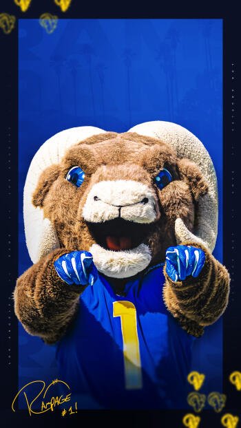 A cheerful mascot for the Los Angeles Rams, dressed in blue and gold, poses excitedly against a vibrant blue background, making a fun phone wallpaper for NFL fans.