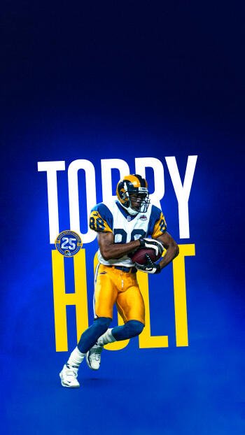 A vibrant phone wallpaper featuring NFL star Torry Holt in a Los Angeles Rams uniform, showcasing his dynamic pose against a bold blue background.