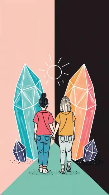 Two girls holding hands stand between colorful crystal formations against a split background, embodying friendship. This vibrant design serves as an inspiring phone wallpaper.