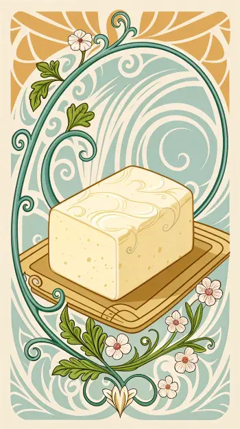 A decorative wallpaper featuring a block of tofu resting on a wooden tray, surrounded by swirling patterns and floral motifs in soft colors.