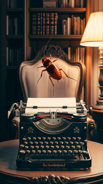 A cockroach hovers above a vintage typewriter in an elegantly furnished library, creating a striking and unusual phone wallpaper.