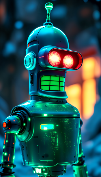 A vibrant depiction of Bender from Futurama, showcasing his metallic form illuminated with green and red lights, set against a blurred backdrop, designed as a phone wallpaper.